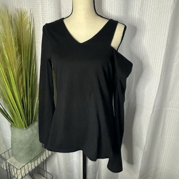 Boston Proper Women’s Large Long Sleeve Top Single Split Shoulder Black Tunic - Picture 1 of 12